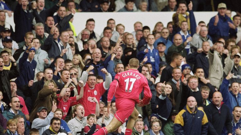 15 Sep 2001:  Steven Gerrard of Liverpool celebrates scoring his goal during the Premiership match against Everton at Goodison Park.