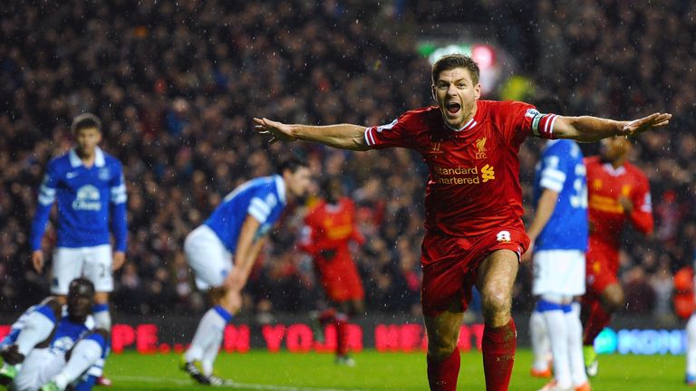 January, 2014:  Steven Gerrard celebrates after scoring the opening goal during the Barclays Premier League match between Liver and Everton