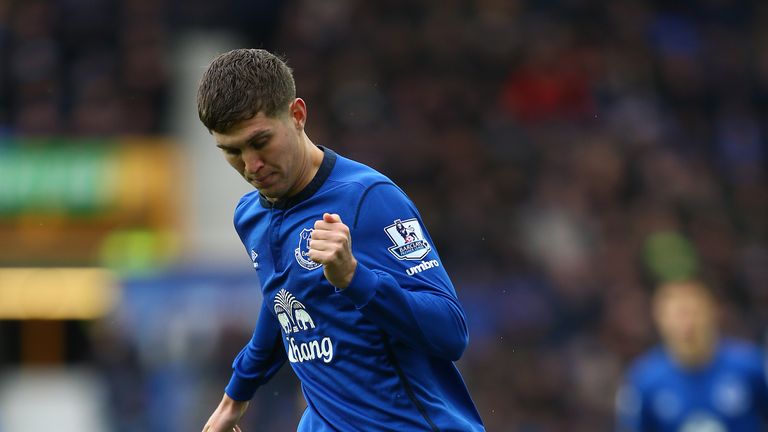 John Stones of Everton in action during the Barclays Premier League match between Everton and Leicester City .