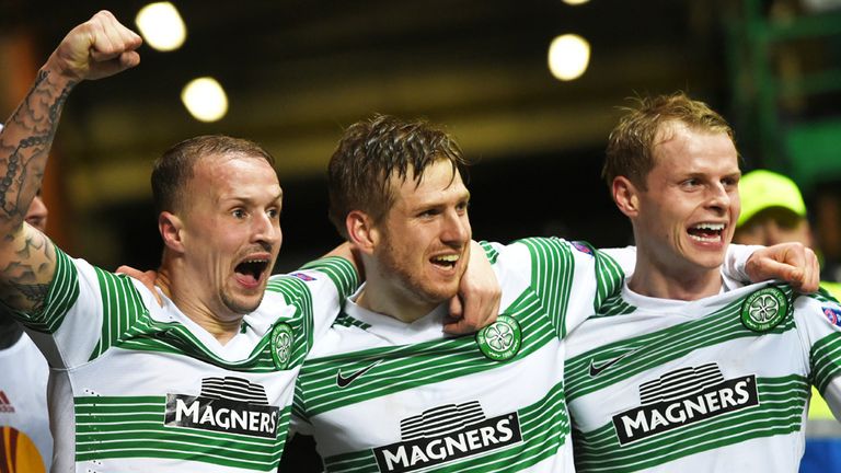 Stuart Armstrong (centre) celebrates with Leigh Griffiths  and Gary Mackay-Steven