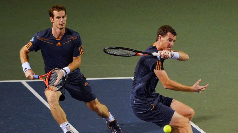 Andy Murray and Jamie Murray of Great Britain in action in Tokyo in 2012
