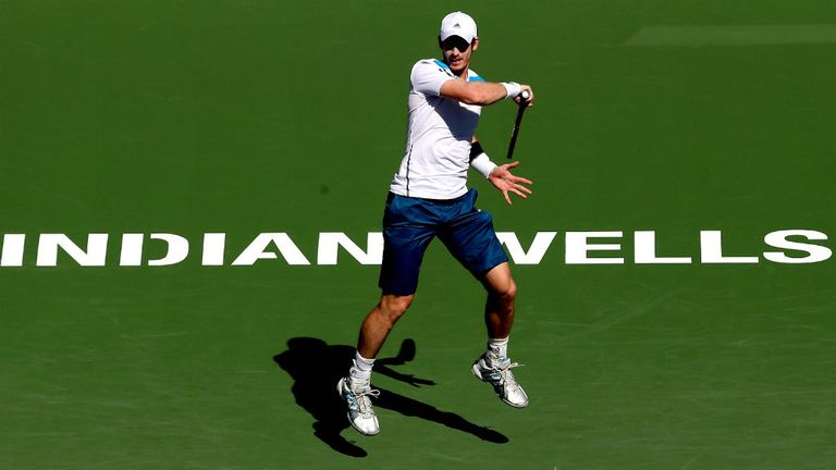 Andy Murray returns a shot to Milos Roanic during the BNP Parabas Open at Indian Wells
