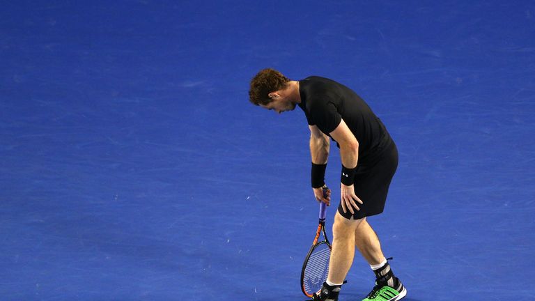 Andy Murray of Great Britain reacts to a point in his men's final match against Novak Djokovic of Serbia during day 14