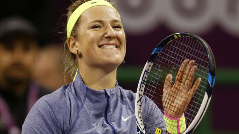 Victoria Azarenka celebrates defeating Venus Williams oduring their women's semi-final at the Qatar Open