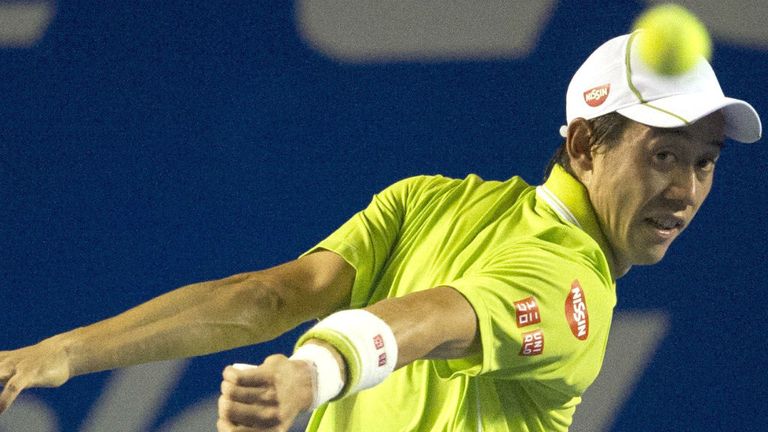 Kei Nishikori returns the ball to Yen-Hsun Lu during the Mexico Open in Acapulco
