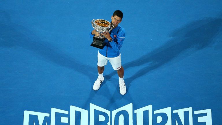 Novak Djokovic celebrates winning the 2015 Australian Open against Andy Murray