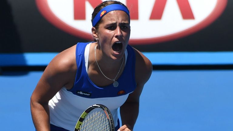Puerto Rico's Monica Puig gestures against Yaroslava Shvedova at the 2015 Australian Open