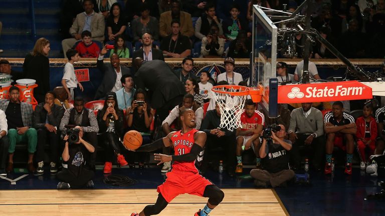 NEW ORLEANS, LA - FEBRUARY 15:  Eastern Conference All-Star Terrence Ross #31 of the Toronto Raptors slam dunks during the Sprite Slam Dunk Contest 2014 as