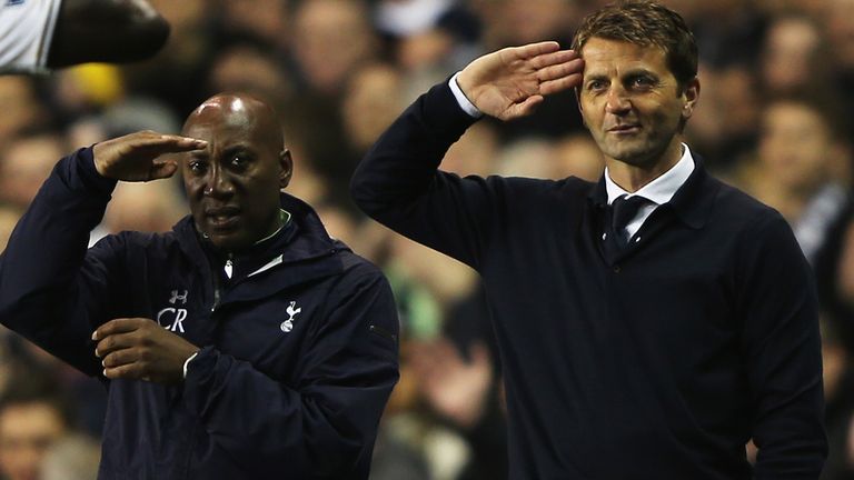 Chris Ramsey and Tim Sherwood celebrating with Emmanuel Adebayor