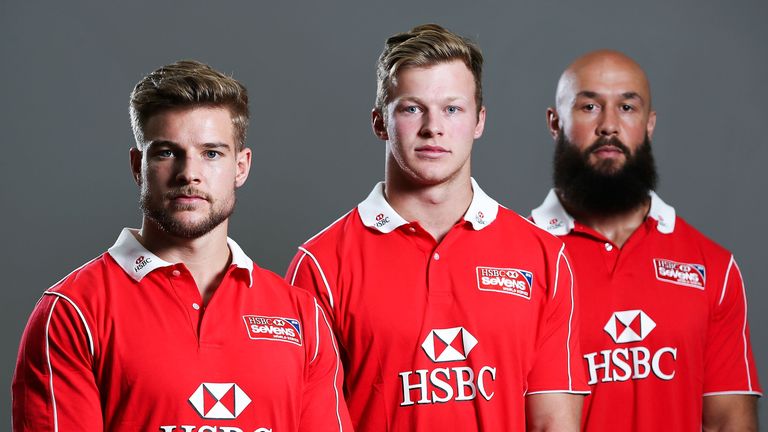 Tom Mitchell of England, Cameron Clark of Australia and DJ Forbes of New Zealand pose ahead of the 2015 HSBC Wellington World Sevens Series