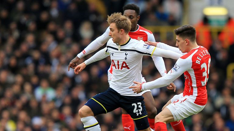Tottenham Hotspur's Christian Eriksen (left) in action with Arsenal's Hector Bellerin (right) and Danny Welbeck during the Barclays Premier League match at