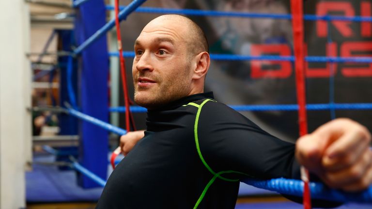 LONDON, ENGLAND - FEBRUARY 25:  Tyson Fury looks on during a media workout at the Peacock Gym on February 25, 2015 in London, England.  (Photo by Julian Fi