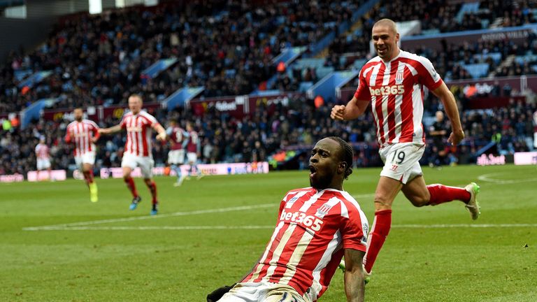 Victor Moses celebrates after converting a penalty in the 93rd minute to earn three points for Stoke