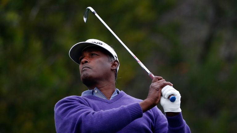 Vijay Singh of Fiji tees off on the fourth hole during round one of the Northern Trust Open at Riviera Country Club