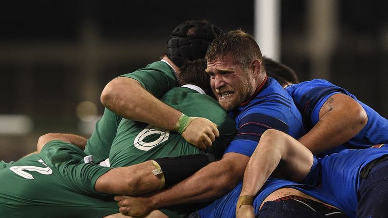 Vincent Debaty battles during the Six Nations international rugby union match between Ireland and France