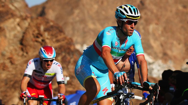 Vincenzo Nibali of Italy and the Astana Pro Team  crosses the finish line on stage three of the Dubai Tour from 