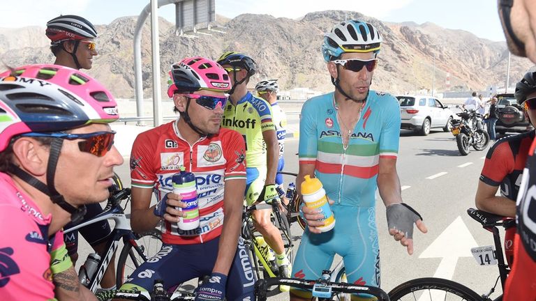 Vincenzo Nibali leads a discussion between riders about safety on stage five of the Tour of Oman