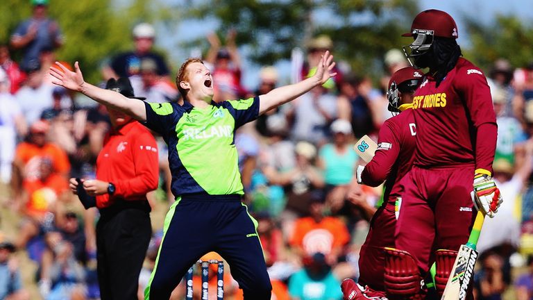 Kevin O'Brien of Ireland celebrates after dismissing Dwayne Smith of West Indies during the 2015 ICC Cricket World Cup 