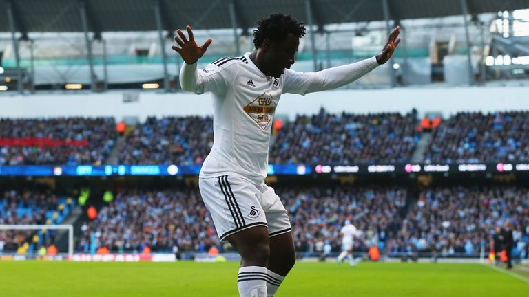 Wilfried Bony celebrates his goal for Swansea at Manchester City earlier in the season