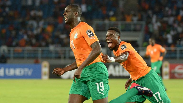 Yaya Toure celebrates after scoring during the 2015 African Cup of Nations semi-final between Democratic Republic of the Congo and Ivory Coast