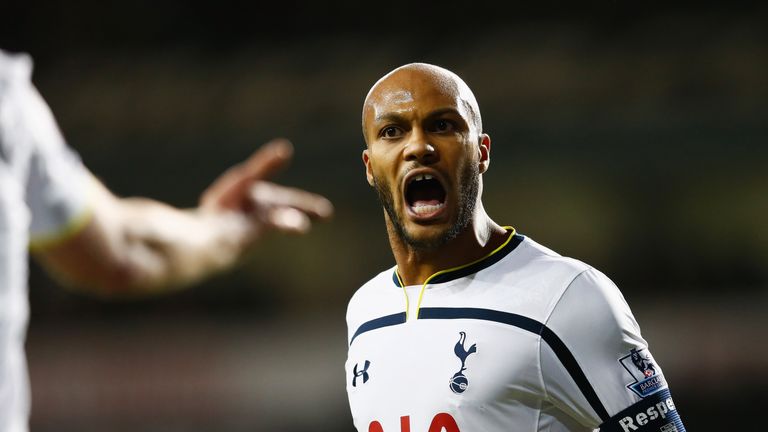 Younes Kaboul (R) and Jan Vertonghen of Spurs argue during the FA Cup Third Round Replay match between Tottenham Hotspur and Burnley