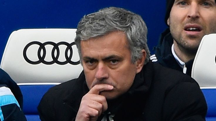 Jose Mourinho of Chelsea (c) looks on from the bench during the Barclays Premier League match between Chelsea and Southampton