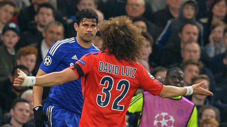 Paris Saint-Germain's David Luiz gestures towards Chelsea's Diego Costa
