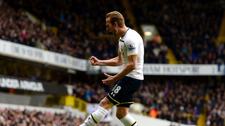 Harry Kane celebrates his opening goal for Tottenham against Leicester at White Hart Lane. 