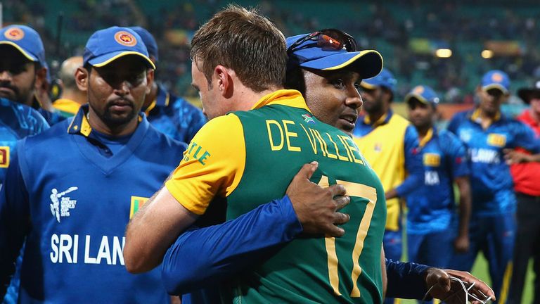 AB de Villiers embraces Mahela Jayawardene after South Africa beat Sri Lanka