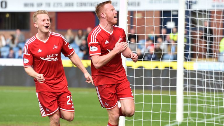 Adam Rooney (r) celebrates with Andrew Driver after firing Aberdeen ahead at Dens Park on Saturday