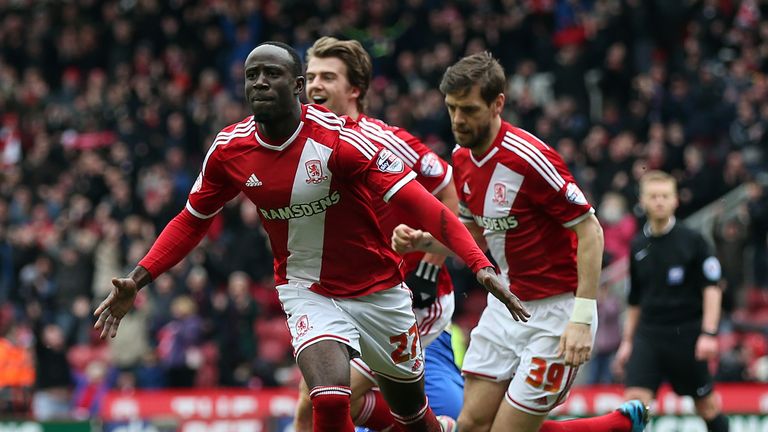MIDDLESBROUGH, ENGLAND - MARCH 14: Albert Adomah of Middlesbrough celebrates scoring his side's second goal during the Sky Bet Championship match between M