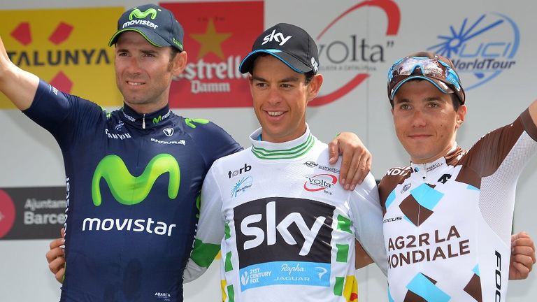 Alejandro Valverde, Richie Porte and Domenico Pozzovivo on the podium following Stage 7 of the 2015 Volta a Catalunya