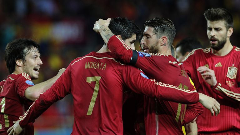 Spain's forward Alvaro Morata celebrates after scoring against Ukraine