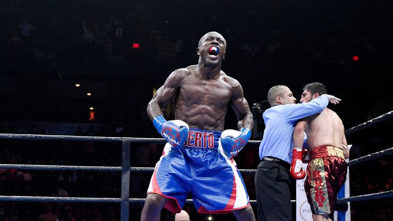 Andre Berto celebrates after knocking out Josesito Lopez
