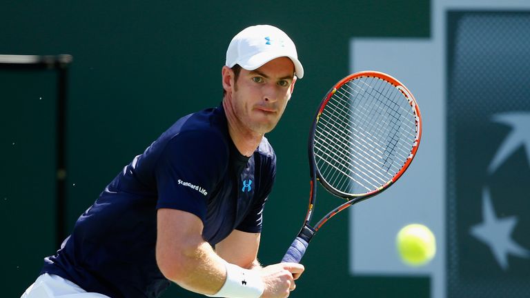 INDIAN WELLS, CA - MARCH 16:  Andy Murray of Great Britain in action against Philipp Kohlschreiber of Germany during day eight of the BNP Paribas Open tenn