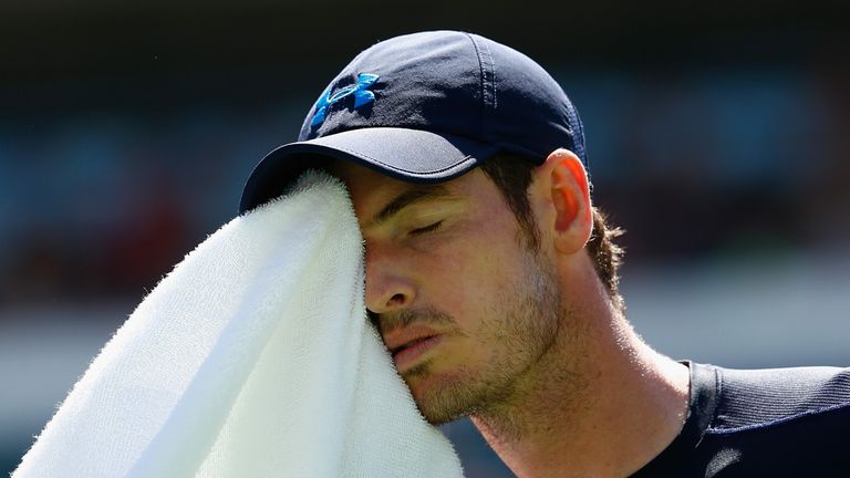 Andy Murray of Great Britain with his towel in his match against Novak Djokovic of Serbia