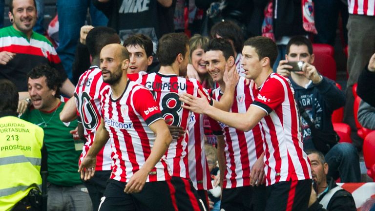 BILBAO, SPAIN - MARCH 07:  Aritz Aduriz of Athletic Club celebrates after scoring during the La Liga match between Athletic Club Bilbao and Real Madrid CF 