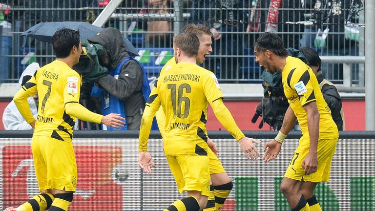 Aubameyang of Dortmund celebrates scoring his goal during to the Bundesliga match between Hannover 96 and Borussia Dortmund