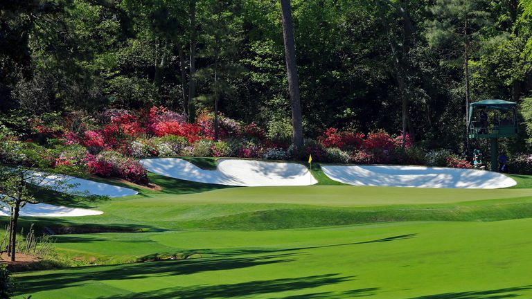 A general view of the 13th hole during the third round of the 2014 Masters Tournament at Augusta National Golf Club.