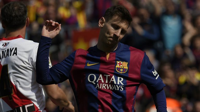 Lionel Messi celebrates after scoring against Rayo Vallecano