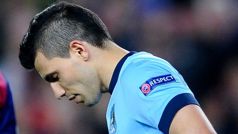 Manchester City's Sergio Aguero reacts after missing a penalty shot during a Champions League round of 16 second leg against Barcelona