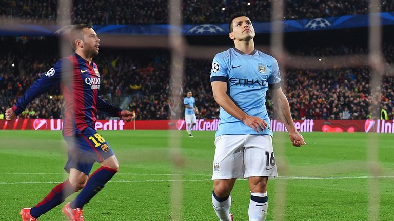 Sergio Aguero of Manchester City reacts after seeing his penalty saved by Marc-Andre ter Stegen of Barcelona