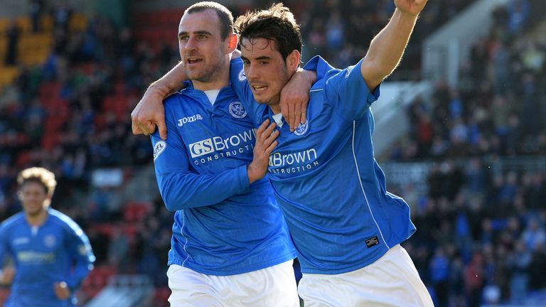 Brian Graham (r) celebrates with team-mate Dave Mackay after firing St Johnstone ahead against St Mirren at McDiarmid Park