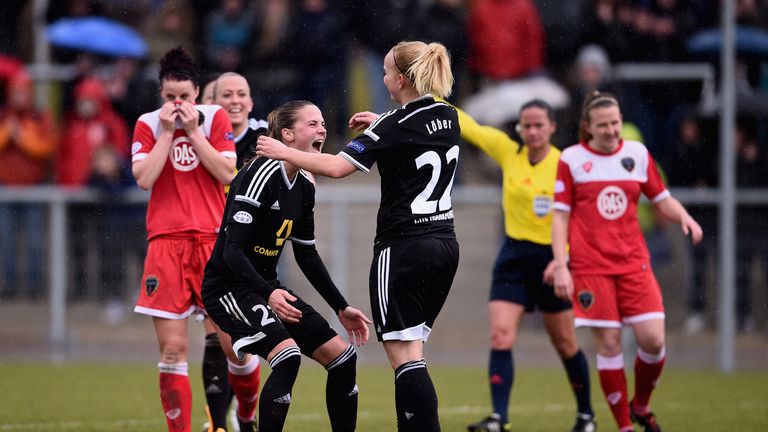 Jana Loeber of Frankfurt celebrates as she scores in UEFA Women's Champions League quarter final second leg match with Bristol Academy 
