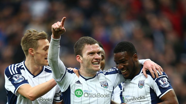 Brown Ideye celebrates scoring the opening goal with team mates Darren Fletcher and Craig Gardner during the match between West Brom and Stoke City