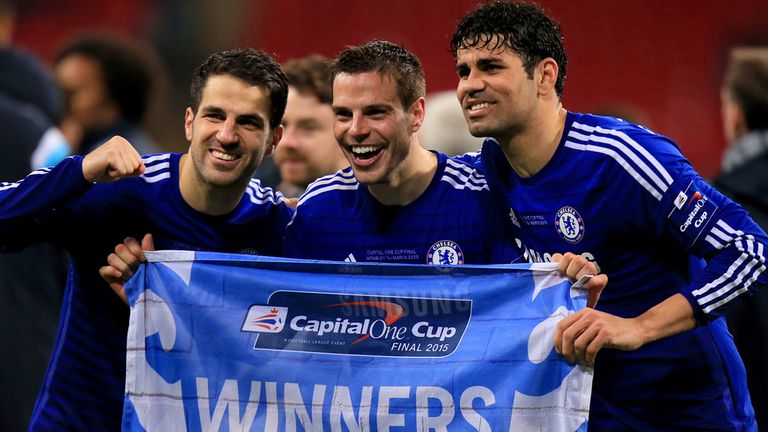 Cesc Fabregas, Cesar Azpilicueta and Diego Costa celebrate Chelsea's win