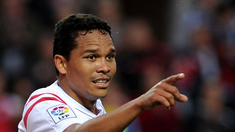 Sevilla's Colombian forward Carlos Bacca celebrates his 