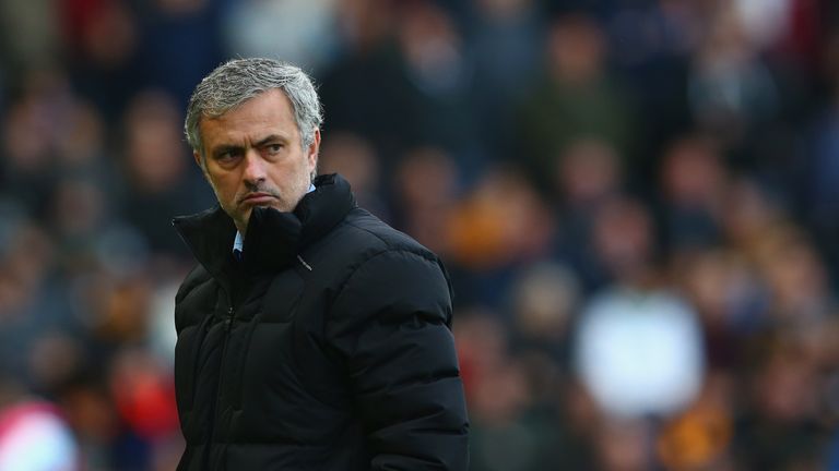Jose Mourinho manager of Chelsea looks thoughtful during the Barclays Premier League match between Hull City and Chelsea