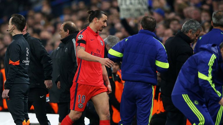 Zlatan Ibrahimovic departs after being sent off at Stamford Bridge