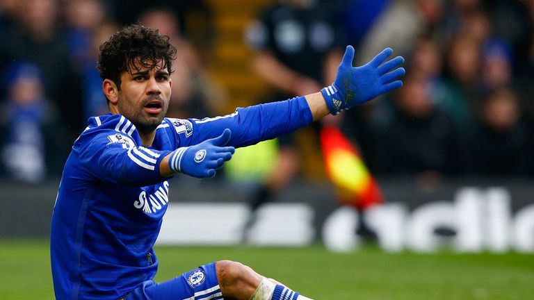 Diego Costa of Chelsea appeals after going down in the area during the Barclays Premier League match between Chelsea and Southampton